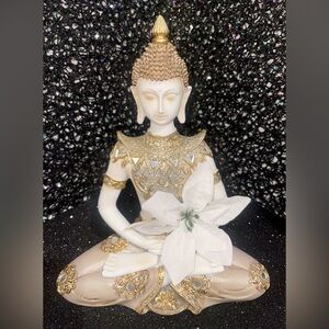 ** Gold Polystone Meditative Carved Buddha Statue - 10.5in **